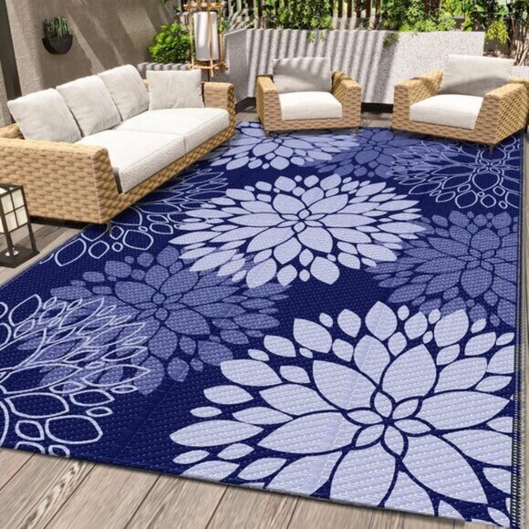 New 5x8 Blue Outdoor Rug, Waterproof Reversible Plastic Straw Mat for Patio & RV - Picture 1 of 7